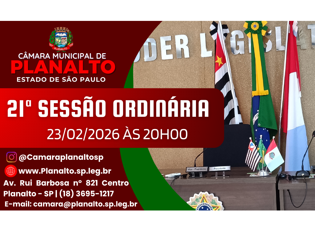 21ª SESSÃO ORDINÁRIA - 23.02.2026 ÀS 20H00.